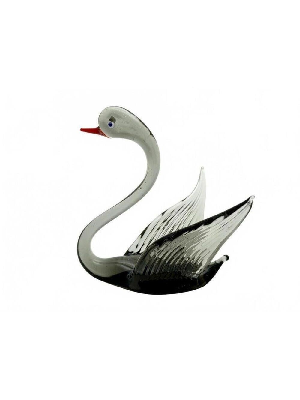 Vintage Mini Hand Blown Art Glass Swan Figurine Black Gray Red Beak Murano-Style